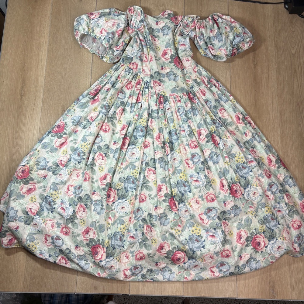 Vintage Jessica McClintock Floral Puff Sleeve Gown Pink Blue Rose Size 6 USA 80s